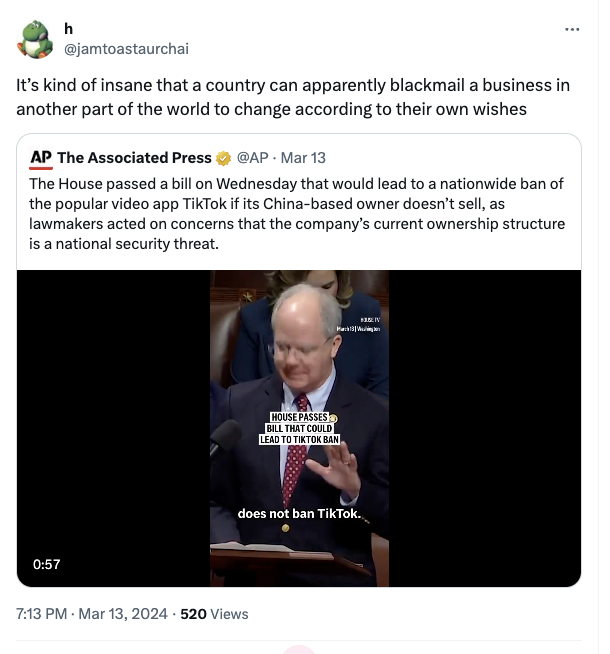 media - h It's kind of insane that a country can apparently blackmail a business in another part of the world to change according to their own wishes Ap The Associated Press . Mar 13 The House passed a bill on Wednesday that would lead to a nationwide ban